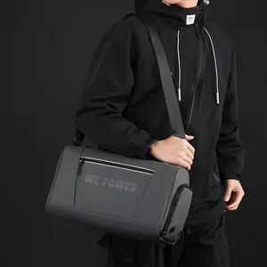 Sac de sport cylindrique gris foncé imperméable avec bandoulière réglable et logo