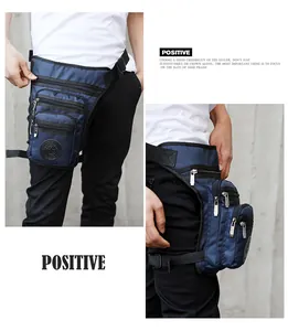 Detail view of the navy blue tactical drop leg bag with adjustable straps and pockets