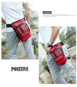 Detail of red nylon drop leg bag showing back and side view for outdoor hiking