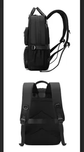 Detail of ergonomic mesh shoulder straps and multi-layer zipper design on black backpack