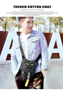 Outdoor multifunctional black sling bag with yellow zipper accents on denim jacket