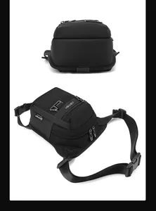 Detalle de la bolsa táctica de pierna en nailon negro con costuras reforzadas y logo