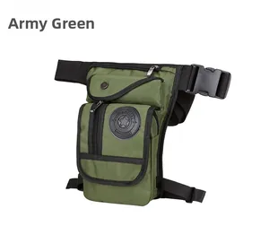 Detail view of army green nylon tactical drop leg bag with multi-pocket and star logo
