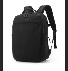 Side view of multi-functional black business backpack with water-resistant nylon texture