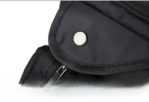 Close-up of black nylon leg bag showing metal buckle, zipper and fine stitching detail