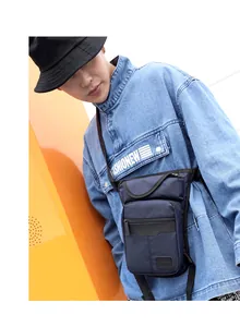 Detailed view of dark blue waterproof tactical leg bag with zippers and nylon straps