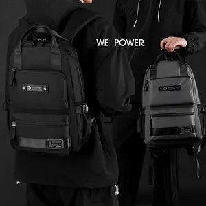 Detail of multi-compartment business backpack with waterproof nylon fabric and zippers