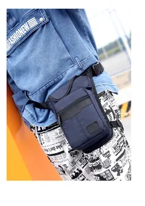 Detail of dark blue waterproof tactical leg bag with logo and adjustable straps