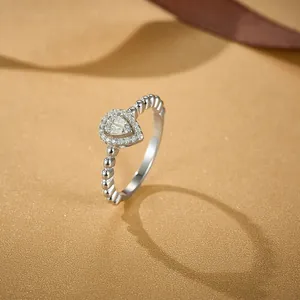 925 Sterling Silver Pear Cut Moissanite Halo Ring with Beaded Bubble Band