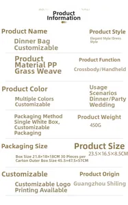 Detailed product specifications and dimensions for the woven acrylic evening bag
