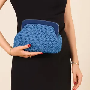 Elegant handcrafted blue woven clutch bag with acrylic frame held by a fashion model