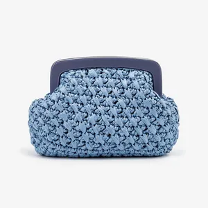Close-up detail of the blue woven texture and dark acrylic frame on this chic clutch