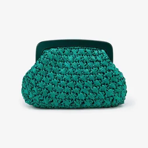 Close-up detail of a teal woven clutch bag featuring a matching green acrylic frame