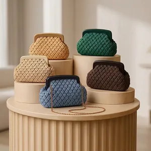 Woven Evening Clutch Bag With Acrylic Frame And Detachable Metal Chain Fashion Crossbody Cloud Handbag For Women