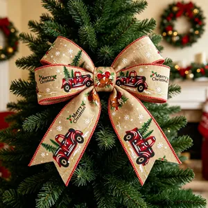 Fiocco natalizio in juta con camion d'epoca e albero per decorazione festiva dell'albero