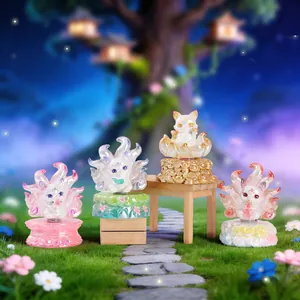 Macro detail of mystical fox figurines with pearlescent finish on decorative bases