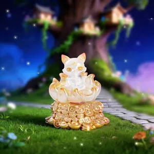 Rotating fantasy fox cat figurine on golden coins with a dreamy enchanted forest background