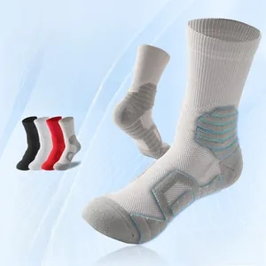 Detailed view of padded white basketball socks with multi-color shock absorption sole