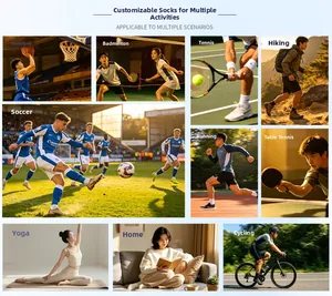 Multi-purpose athletic socks for basketball, tennis, and yoga shown in various sports scenes