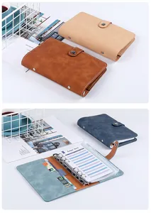 Macro detail of A6 faux leather budget binder with metal 6-ring binder and cash envelopes