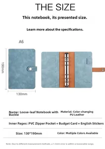 A6 PU leather budget binder size chart showing 130x190mm dimensions and internal layout