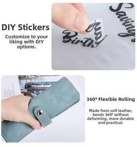 Flexible A6 money binder detail showing 360-degree bendability and DIY letter stickers