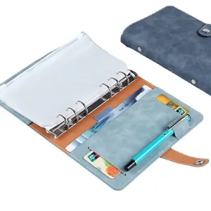 A6 blue faux suede budget binder with 6-ring metal binder and zipper pocket for cash