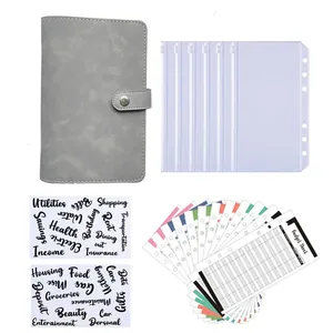 A6 gray leather money budget binder set with zipper envelopes and category labels