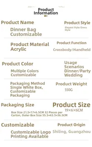 Specifications of striped acrylic clutch bag weighing 550g with dimensions 19x6x6 cm