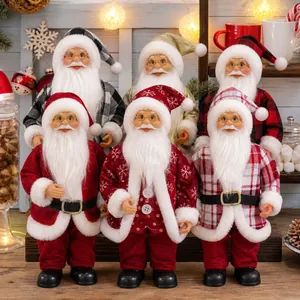 Realistic Santa Claus Doll Figurine Christmas Ornament Plaid Gold Classic Red Fabric Plastic Decoration Home Party Desktop