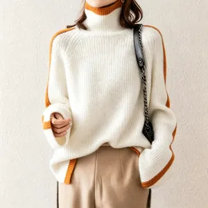 Stylish vintage thick turtleneck knit sweater for women with loose color-block design.