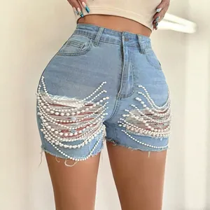 Short en Jean Taille Haute Femme Avec Détails Déchirés et Franges en Chaîne de Künstliche Perles Multicouches Hot Pants Denim Streetwear d'Été