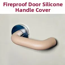 Close-up of beige silicone protective cover installed on a fire door handle