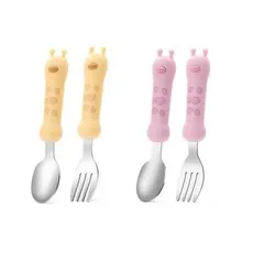 Toddler fork and spoon set with cartoon giraffe silicone handles and steel tips