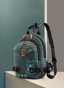 Detail of waterproof nylon chest bag featuring functional zippers and breathable vent
