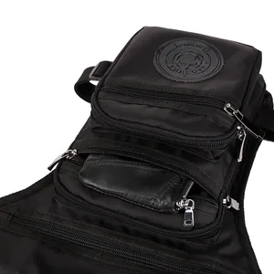 Tactical black nylon thigh bag with multiple zipper compartments for cycling and outdoor use