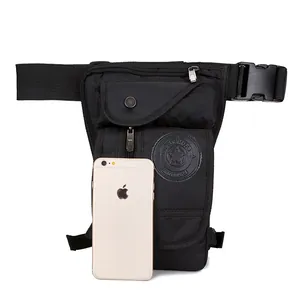 Black tactical nylon leg bag with multiple zipper pockets and adjustable straps for hiking