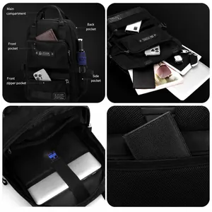 Black versatile business backpack with multi-layer compartments and laptop sleeve