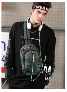 Outdoor waterproof nylon chest bag with earphone port and orange zipper detail