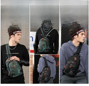 Detail of high-density polyester multipurpose mini chest bag with durable zipper pockets