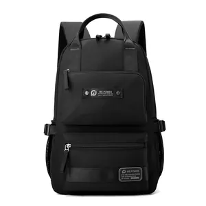 Minimalist black multi-compartment backpack with durable fabric and side mesh pockets