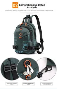 Detail view of water-resistant green nylon chest bag showing functional buckles and zippers