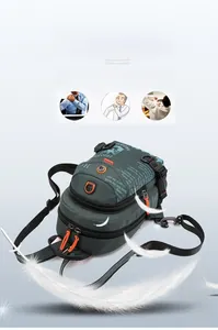 Macro shot of dark green waterproof nylon chest bag with orange accents weighing 0.37kg