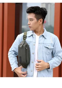 Olive green outdoor nylon crossbody bag shown worn by a model in a high-quality urban setting