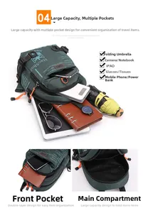 Detail view of the multi-pocket storage capacity for green tactical crossbody bag