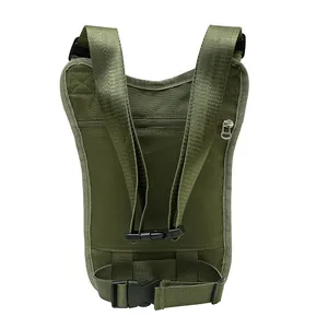 Rear view of tactical olive drab drop leg bag with adjustable straps and buckle