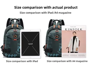 Detailed size comparison of dark green nylon sling bag with iPad and A4 magazine
