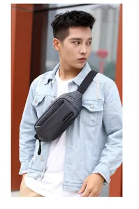 Detailed view of the water-resistant dark gray fabric and double zipper layers on a chest bag