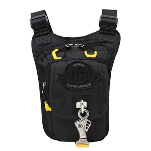 Waterproof black tactical drop leg bag with multiple pockets and yellow zippers