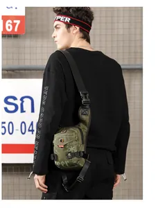 Detail of army green tactical leg bag featuring durable nylon fabric and adjustable straps